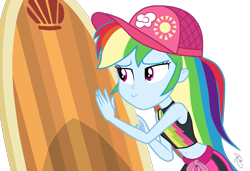Size: 1003x686 | Tagged: safe, artist:ilaria122, imported from derpibooru, gladys, rainbow dash, blue crushed, equestria girls, equestria girls series, belly button, clothes, female, hat, he doesn't deserve you, midriff, multicolored hair, simple background, solo, surfboard, swimsuit, transparent background
