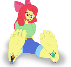 Size: 1700x1590 | Tagged: safe, artist:final7darkness, imported from derpibooru, apple bloom, snails, snips, equestria girls, barefoot, clothes, feet, female, fetish, foot fetish, foot focus, foot worship, giantess, macro, open mouth, simple background, white background