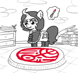 Size: 640x600 | Tagged: safe, artist:ficficponyfic, imported from derpibooru, oc, oc only, oc:joyride, cyoa:the wizard of logic tower, blood, book, buckle, curved horn, cyoa, ear piercing, fangs, fruit, jewelry, leather, leather boots, magic, magic circle, necklace, piercing, plate, story included, studs, summoning circle