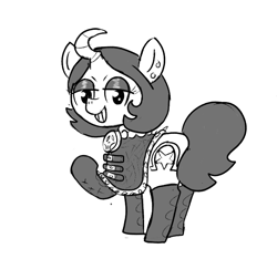 Size: 640x600 | Tagged: safe, artist:ficficponyfic, imported from derpibooru, oc, oc only, oc:joyride, pony, cyoa:the wizard of logic tower, buckle, curved horn, cyoa, ear piercing, jewelry, leather, leather boots, monochrome, necklace, piercing, solo, story included, studs