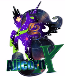 Size: 5746x6787 | Tagged: safe, artist:orochismith, derpibooru exclusive, imported from derpibooru, alien, absurd resolution, advertisement, advertising, alien x, ben 10, ben 10 alien force, ben 10 omniverse, crossover, ethereal mane, fusion, galaxy mane, goddess, godtier, green eyes, implied princess celestia, implied princess luna, implied princess twilight, megaman x, omnitrix, photoshop, rearing, self promotion, typography, xk-class end-of-the-world scenario