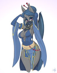 Size: 1640x2080 | Tagged: safe, artist:skecchiart, imported from derpibooru, oc, oc only, oc:river rhythm, anthro, bat pony, absolute cleavage, armpits, bedroom eyes, big breasts, breasts, chopsticks, cleavage, clothes, female, hair bun, harem outfit, looking at you, mare, solo, veil, wide hips