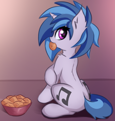 Size: 1433x1500 | Tagged: safe, artist:twiren, imported from derpibooru, dj pon-3, vinyl scratch, pony, unicorn, both cutie marks, cookie, cute, female, food, looking back, mare, sitting, solo, sweet dreams fuel, vinylbetes