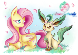 Size: 1024x731 | Tagged: safe, artist:animechristy, imported from derpibooru, fluttershy, leafeon, pony, crossover, cute, female, floral head wreath, flower, looking at each other, mare, pokémon, prone, shyabetes