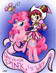 Size: 720x937 | Tagged: safe, artist:texasuberalles, imported from derpibooru, pinkie pie, earth pony, fairy, human, pony, banner, clothes, crossover, dodo, dodo (ojamajo doremi), doremi harukaze, dorie goodwyn, female, flying, hat, humans riding ponies, looking at you, magical doremi, mare, ojamajo doremi, pink, pinkest pie, pony ride, riding, riding a pony, shoes, smiling, witch apprentice