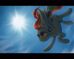 Size: 2500x2000 | Tagged: safe, artist:plotcore, imported from derpibooru, rainbow dash, pegasus, pony, female, flying, mare, sky, solo, sun
