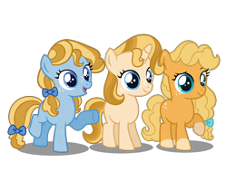 Size: 1800x1438 | Tagged: safe, alternate version, artist:carouselunique, imported from derpibooru, oc, oc:anjoujack, oc:golden hour, oc:sweet pea, earth pony, pony, unicorn, alternate design, alternate timeline, base used, blank flank, bow, female, filly, freckles, hair bow, offspring, parent:night light, parent:pear butter, parents:pearlight, simple background, transparent background