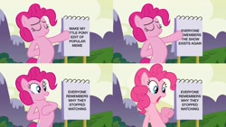 Size: 2048x1152 | Tagged: safe, edit, edited screencap, imported from derpibooru, screencap, pinkie pie, earth pony, pony, too many pinkie pies, comic, exploitable meme, female, gru's plan, mare, meme, pointing, screencap comic, shocked