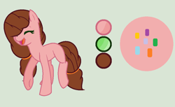 Size: 852x520 | Tagged: safe, artist:princessunicorn123, imported from derpibooru, oc, oc only, oc:strawberry cake, earth pony, pony, base used, eyes closed, female, green background, mare, offspring, parent:cheese sandwich, parent:pinkie pie, parents:cheesepie, reference sheet, simple background, solo