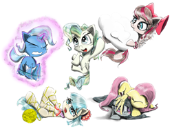 Size: 2412x1800 | Tagged: safe, artist:chopsticks, imported from derpibooru, angel wings, coco pommel, fluttershy, marble pie, trixie, vapor trail, earth pony, pegasus, pony, unicorn, blushing, bracelet, cheek fluff, chest fluff, cloud, cocobetes, cute, despair, diatrixes, diawinges, ear fluff, entangled, flapping, flying, gritted teeth, hiding, hnnng, jewelry, levitation, magic, marblebetes, nom, open mouth, sad, shyabetes, simple background, sleeping, smiling, tangled up, telekinesis, the council of shy ponies, trying too hard, vaporbetes, weapons-grade cute, wip, yarn, yarn ball