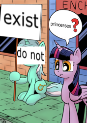 Size: 382x540 | Tagged: safe, edit, editor:autism spirit, imported from derpibooru, lyra heartstrings, twilight sparkle, alicorn, pony, unicorn, confused, female, frown, glare, hoof hold, lyra's sign meme, mare, question mark, raised eyebrow, sign, speech bubble, twilight sparkle (alicorn), wat