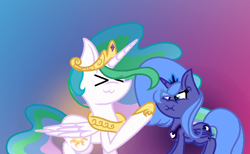 Size: 774x478 | Tagged: safe, artist:candie-cane-draws, imported from derpibooru, princess celestia, princess luna, ><, duo, eyes closed, female, s1 luna, sisters