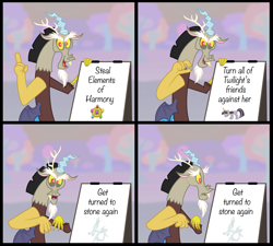 Size: 3242x2921 | Tagged: safe, artist:aleximusprime, imported from derpibooru, discord, twilight sparkle, draconequus, pony, unicorn, the return of harmony, comic, despicable me, female, gru's plan, high res, looking at you, male, mare, meme, reference