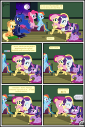 Size: 3254x4837 | Tagged: safe, artist:gutovi, imported from derpibooru, applejack, fluttershy, pinkie pie, princess luna, rainbow dash, rarity, twilight sparkle, alicorn, earth pony, pegasus, pony, unicorn, comic:why me!?, bed, broken window, comic, couch, cushion, mane six, mare in the moon, moon, spit take, twilight sparkle (alicorn)