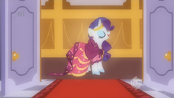 Size: 1280x720 | Tagged: safe, imported from derpibooru, screencap, rarity, pony, the best night ever, clothes, dress, eyes closed, female, gala dress, high heels, shoes, solo