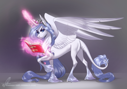 Size: 1000x700 | Tagged: safe, artist:aonikaart, imported from derpibooru, oc, oc only, oc:iridae, alicorn, pony, alicorn oc, book, cloven hooves, female, leonine tail, magic, mare, solo, telekinesis, unshorn fetlocks