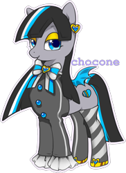 Size: 1681x2315 | Tagged: safe, artist:chocone, imported from derpibooru, oc, oc only, bat pony, pony, adoptable, bat pony oc, bat wings, bow, bowtie, button, clothes, color outline, ear piercing, earring, eyelashes, eyeshadow, female, heart, jewelry, lidded eyes, makeup, mare, mismatched socks, multicolored hair, piercing, ribbon, shirt, shoes, signature, simple background, small wings, smiling, socks, solo, spread wings, striped socks, text, transparent background, wings