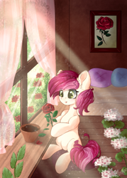 Size: 1000x1400 | Tagged: safe, artist:mitralexa, imported from derpibooru, roseluck, earth pony, pony, bed, crepuscular rays, cute, cuteluck, ear fluff, female, flower, indoors, mare, pillow, rosabetes, rose, sitting, sunlight, window