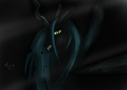 Size: 2279x1626 | Tagged: safe, artist:tokutateka, imported from derpibooru, queen chrysalis, changeling, changeling queen, black background, dark, eye glow, fangs, female, looking at you, sharp teeth, signature, simple background, solo, teeth