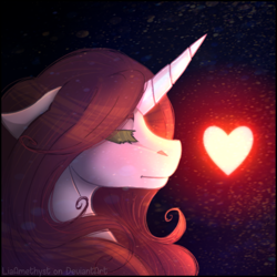 Size: 600x600 | Tagged: safe, artist:liaamethyst, imported from derpibooru, oc, oc only, oc:red pearl, pony, unicorn, abstract background, eyes closed, female, floppy ears, heart, horn, mare, signature, solo, text