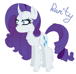 Size: 456x444 | Tagged: safe, artist:xxkalaxzyxx, imported from derpibooru, rarity, classical unicorn, pony, unicorn, alternate hairstyle, cloven hooves, eyelashes, eyeshadow, female, fluffy, horn, makeup, mare, ms paint, name, signature, simple background, solo, standing, text, unshorn fetlocks, white background