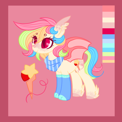 Size: 3000x3000 | Tagged: safe, artist:shiroganeko, imported from derpibooru, oc, oc only, bat pony, pony, adoptable, bandana, bat ears, bat pony oc, bat wings, blaze (coat marking), clothes, coat markings, color palette, colored eyelashes, colored hooves, cute, cutie mark, dappled, eyebrows, facial markings, feathered fetlocks, feathered hooves, freckles, looking forward, multicolored hair, neckerchief, pink background, simple background, slit pupils, socks, solo, spread wings, standing, wings