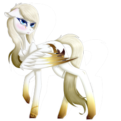 Size: 2000x2000 | Tagged: safe, artist:goldydraws, imported from derpibooru, oc, oc only, oc:angelica, pegasus, pony, blonde hair, blue eyes, blushing, coat markings, colored eyelashes, colored wings, colored wingtips, ear blush, eyelashes, face markings, facial markings, female, floppy ears, gradient hooves, gradient mane, gradient wings, lips, looking at you, mare, signature, simple background, socks (coat marking), socks (coat markings), solo, spread wings, starry wings, swirly markings, tail between legs, transparent background, wings, wings down