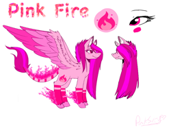 Size: 1024x768 | Tagged: safe, artist:lolaandthepinksky, imported from derpibooru, oc, oc only, oc:pink fire, pegasus, pony, bangs, blushing, coat markings, colored wings, colored wingtips, cutie mark, eye, eyes, female, fire, flaming hooves, flaming tail, fringe, hair over one eye, leonine tail, long mane, mare, name, pink eyes, pink hair, reference sheet, signature, simple background, socks (coat marking), socks (coat markings), solo, spread wings, text, unshorn fetlocks, white background, wings