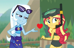 Size: 638x416 | Tagged: safe, edit, edited screencap, imported from derpibooru, screencap, sunset shimmer, trixie, equestria girls, equestria girls series, forgotten friendship, belly button, clothes, female, lesbian, midriff, shipping, shipping domino, sunglasses, sunglasses on head, suntrix, swimsuit