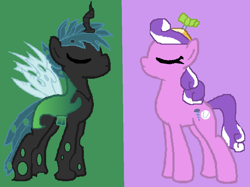 Size: 954x712 | Tagged: safe, artist:soulapple1031, imported from derpibooru, screwball, oc, oc:mothball, changeling, earth pony, hybrid, pony, fanfic:daughter of discord, blue hair, calm, canon x oc, changeling oc, digital art, duality, eyes closed, female, green background, hat, insect wings, interspecies offspring, male, mare, next generation, offspring, offspring shipping, parent:discord, parent:fluttershy, parent:queen chrysalis, parents:discoshy, propeller hat, purple background, shipping, simple background, spread wings, straight, wings