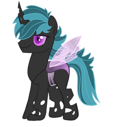 Size: 1024x1117 | Tagged: safe, artist:0tinybitobsessive0, imported from derpibooru, oc, oc only, oc:azul, changeling, blue hair, changeling oc, insect wings, looking forward, male, non-pony oc, purple changeling, purple eyes, simple background, smiling, solo, spread wings, transparent background, vector, wings