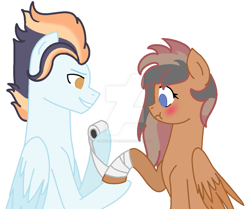 Size: 1024x857 | Tagged: safe, artist:misslittle20, imported from derpibooru, oc, oc only, oc:blaze, oc:storm, pegasus, pony, bandage, base used, blue eyes, blushing, colored wings, colored wingtips, female, folded wings, looking down, looking forward, male, mare, oc x oc, offspring, offspring shipping, orange eyes, parent:quibble pants, parent:rainbow dash, parent:soarin', parent:spitfire, parents:quibbledash, parents:soarinfire, scrunchy face, shipping, simple background, smiling, stallion, straight, watermark, white background, wings