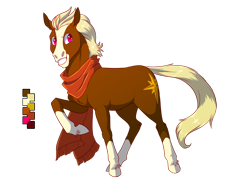 Size: 900x643 | Tagged: safe, artist:tutyrannosaurus, imported from derpibooru, oc, oc only, oc:pathfinder, earth pony, pony, blaze (coat marking), blonde hair, clothes, coat markings, color palette, confident, facial markings, grin, hoers, hooves, looking at you, male, pink eyes, raised hoof, realistic horse legs, scarf, simple background, smiling, socks (coat marking), socks (coat markings), solo, stallion, transparent background, unshorn fetlocks