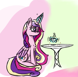 Size: 641x630 | Tagged: safe, artist:fezan, deleted from derpibooru, derpibooru exclusive, imported from derpibooru, princess cadance, alicorn, pony, abstract background, cup, magic, solo, teacup, telekinesis