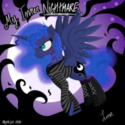 Size: 4823x4823 | Tagged: safe, artist:darkest-lunar-flower, imported from derpibooru, princess luna, alicorn, pony, tumblr:mythical high, absurd resolution, clothes, edgy, female, nightmare luna, slit eyes, slit pupils, solo, spread wings, wings