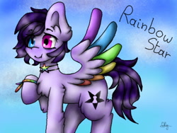 Size: 640x480 | Tagged: safe, artist:nijihoshi-oly, imported from derpibooru, oc, oc only, oc:rainbow star, pegasus, pony, abstract background, bags under eyes, blue eyes, bracelet, colored wings, colored wingtips, cute, dimples, female, friendship bracelet, heterochromia, jewelry, looking at you, mare, multicolored wings, name, necklace, pink eyes, purple hair, rainbow wings, signature, smiling, solo, spread wings, stars, text, wings