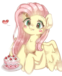 Size: 1024x1260 | Tagged: safe, artist:rozenhain, imported from derpibooru, fluttershy, pegasus, pony, :p, blush sticker, blushing, bust, cake, cute, ethereal mane, eyes on the prize, female, food, heart, heart eyes, highlights, looking at something, looking down, mare, pictogram, shyabetes, silly, simple background, solo, spread wings, starry mane, stars, tongue out, weapons-grade cute, white background, wingding eyes, wings