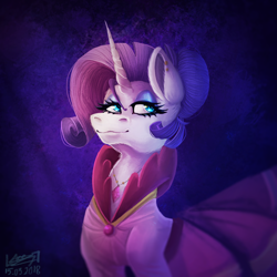 Size: 1600x1600 | Tagged: safe, artist:sakishithewolf, imported from derpibooru, rarity, pony, unicorn, alternate hairstyle, bun, clothes, dress, ear piercing, earring, eyelashes, eyeshadow, female, gala dress, grand galloping gala, horn, jewelry, looking away, makeup, mare, necklace, piercing, purple background, short mane, simple background, solo