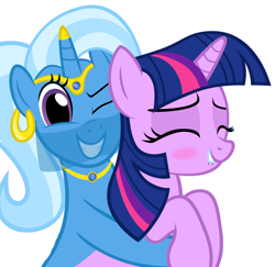 Size: 1024x996 | Tagged: safe, artist:navitaserussirus, edit, imported from derpibooru, trixie, twilight sparkle, genie, cropped, ear piercing, earring, female, headdress, horn cap, horn jewelry, jewelry, lesbian, lip bite, necklace, piercing, shipping, twixie, veil