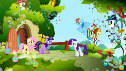 Size: 1280x720 | Tagged: safe, imported from derpibooru, screencap, fluttershy, rainbow dash, rarity, twilight sparkle, parasprite, pegasus, pony, unicorn, swarm of the century, bird house, fluttershy's cottage, swarm, unicorn twilight