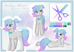 Size: 2480x1754 | Tagged: safe, artist:puggie, artist:renaphin, imported from derpibooru, oc, oc only, oc:ombre wave, pony, unicorn, bowtie, butt, cutie mark, female, gradient mane, mare, plot, ponytail, reference, reference sheet, solo