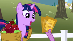 Size: 1280x720 | Tagged: safe, imported from derpibooru, screencap, spike, twilight sparkle, pony, unicorn, the ticket master, apple, apple basket, basket, food, gala ticket, happy, ticket