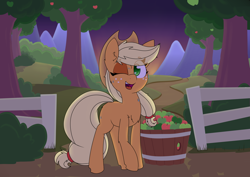 Size: 4000x2824 | Tagged: safe, artist:lockheart, imported from derpibooru, applejack, earth pony, pony, apple, apple tree, applejack's hat, barrel, cowboy hat, female, fence, food, hat, mare, missing cutie mark, one eye closed, solo, sunset, tree, wink