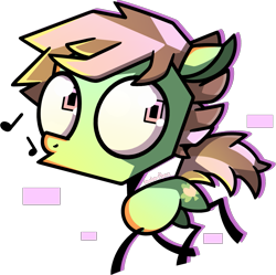 Size: 1233x1226 | Tagged: safe, artist:amberpone, imported from derpibooru, oc, oc only, oc:pot leaf, earth pony, pony, big eyes, brown, cute, cutie mark, digital art, eyes open, green, invader zim, lighting, male, pink, pink eyes, shading, short mane, short tail, simple background, stallion, style emulation, transparent background, whistling