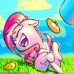 Size: 3000x3000 | Tagged: safe, artist:itsalwayspony, imported from derpibooru, pinkie pie, earth pony, pony, cloud, eyes closed, female, grass, laughing, mare, open mouth, party cannon, sky, smiling, solo, water balloon, wet, wet fur, wet mane