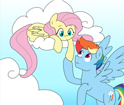 Size: 1150x973 | Tagged: safe, artist:dilemmas4u, imported from derpibooru, fluttershy, rainbow dash, pegasus, pony, cloud, female, flutterblitz, flutterdash, half r63 shipping, looking at each other, male, on a cloud, rainbow blitz, rule 63, shipping, straight, wings