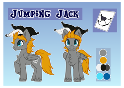 Size: 1000x712 | Tagged: safe, artist:cabbage-arts, imported from derpibooru, oc, oc only, oc:jumping jack, pegasus, pony, blue eyes, color palette, commissioner:jumping jack, cutie mark, folded wings, hat, jester hat, looking at you, looking forward, male, one hoof raised, orange hair, raised hoof, reference sheet, smiling, solo, stallion, standing, unshorn fetlocks, wings