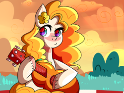 Size: 1600x1200 | Tagged: safe, artist:1racat, imported from derpibooru, pear butter, earth pony, pony, female, flower, flower in hair, guitar, hoof hold, looking at you, looking sideways, mare, sitting, smiling, solo