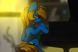 Size: 1024x687 | Tagged: safe, artist:starlyfly, artist:starlyflygallery, imported from derpibooru, oc, oc only, earth pony, pony, female, looking at something, looking down, mare, musical instrument, piano, profile, sitting, solo
