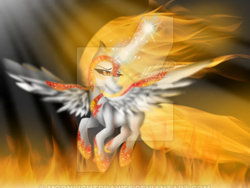 Size: 400x300 | Tagged: safe, artist:moonlightdrawss, imported from derpibooru, daybreaker, alicorn, pony, clothes, female, fire, helmet, jewelry, mare, peytral, shoes, solo, watermark